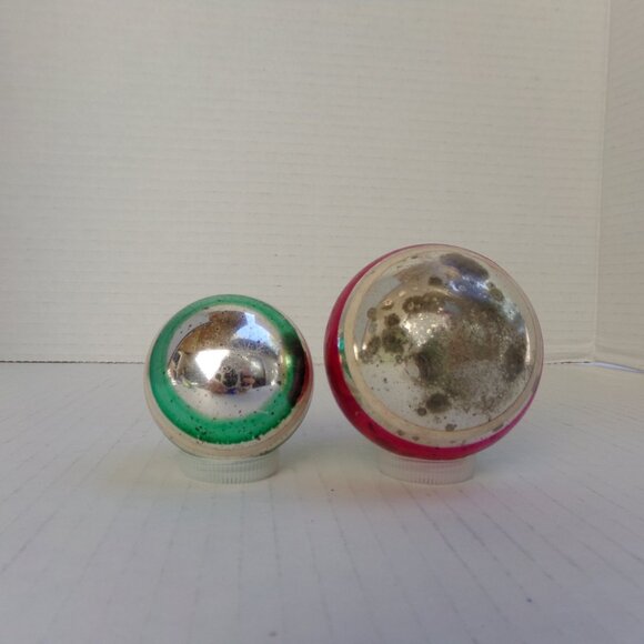 Vintage Lot of 2 Shiny Brite Striped Round Ball Christmas Ornaments Silver Green - Picture 6 of 14